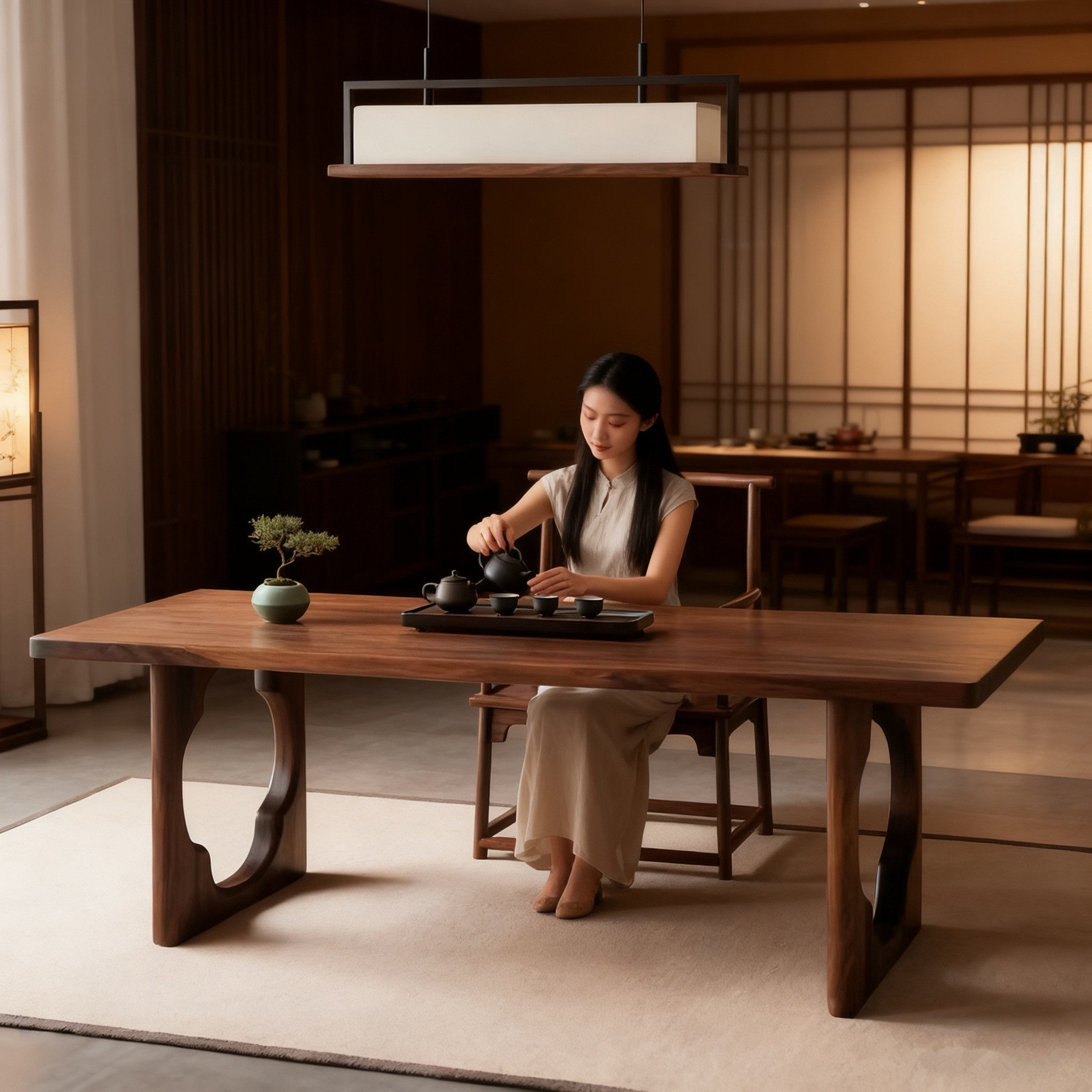 新中式宋代美学黑胡桃木茶桌办公室家用会所接待泡茶桌实木大板桌 - 图2