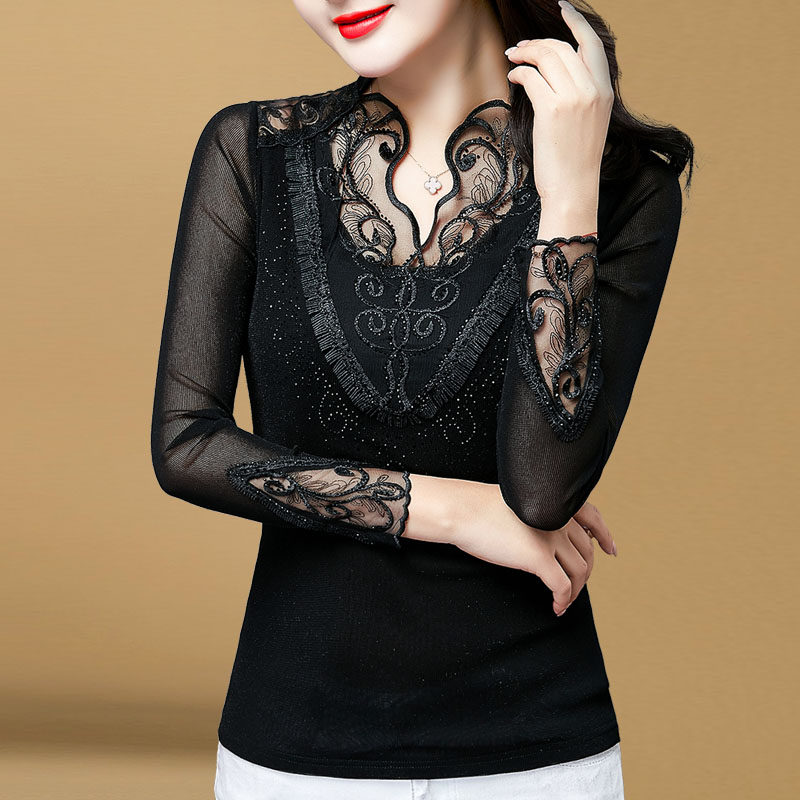 加绒加厚长袖2020新款网纱打底衫 花墙薇薇服饰T恤