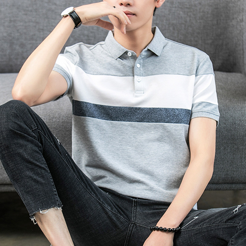 短袖拼色日系条纹男士翻领潮polo衫 狼啸T恤