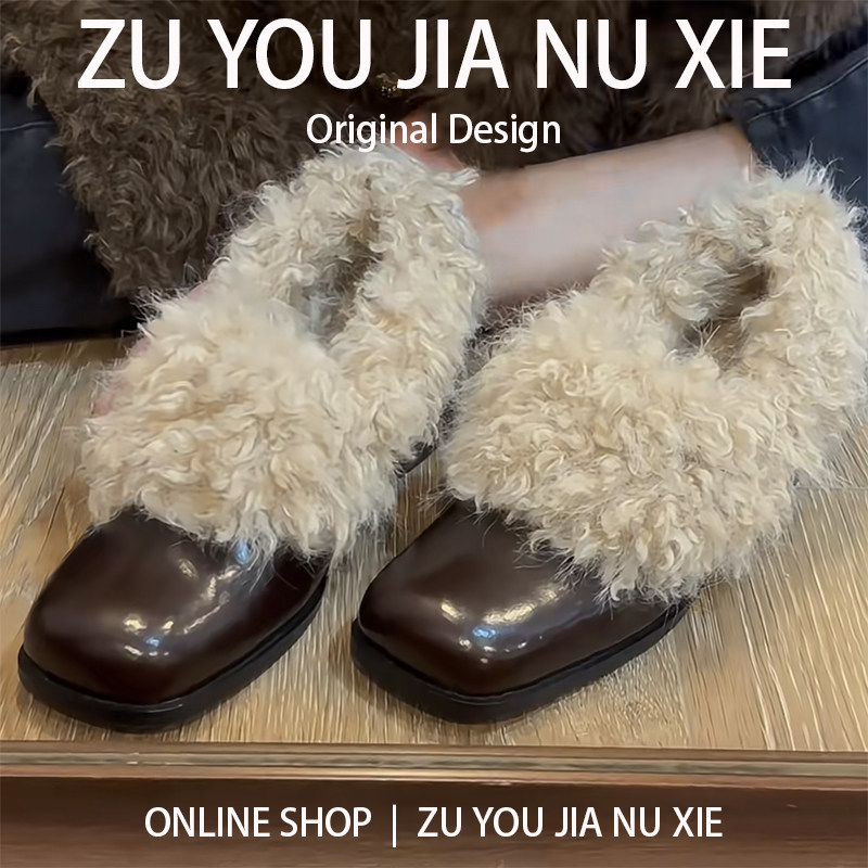 方头毛毛鞋女冬外穿加绒小皮鞋女英伦风粗跟单鞋大码女鞋41到43秋,淘宝优惠券,粉丝福利购,淘宝优惠卷