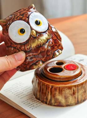 日本陶瓷猫头鹰印泥印章置物盒