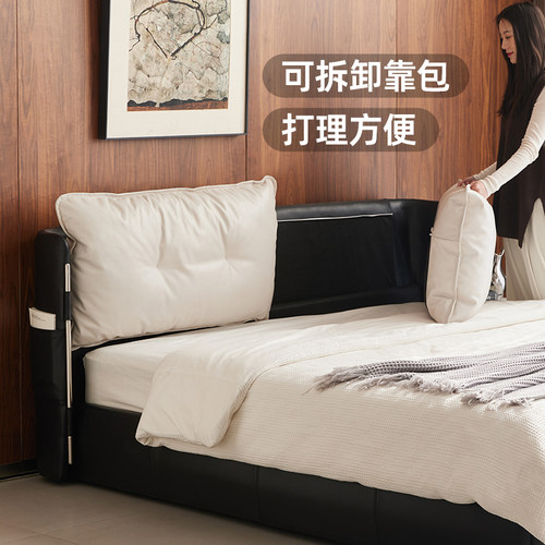 赫本黑白真皮床法式现代主卧家用意式轻奢软包双人床高端大气婚床 - 图2