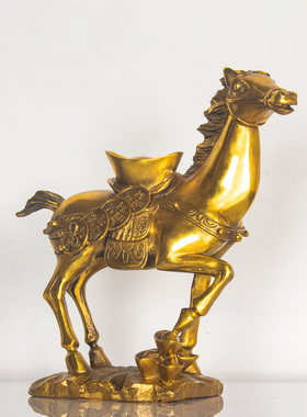 纯黄铜马上有钱摆件马上封侯摆件马上发财工艺品家居饰铜钱聚宝盆