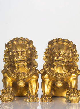 纯黄铜狮子摆件一对特大小号铜狮子摆件狮家居门口创意装饰品摆设