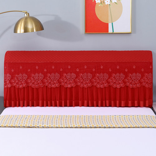 大红床头罩全包夹棉加厚防尘罩结婚蕾丝公主风软包皮床头套保护罩 - 图0