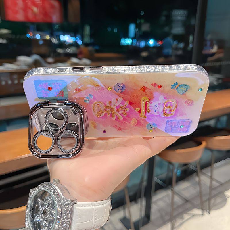 适用苹果系列iPhone16新款手机壳15promax/14promax笑脸暴富银灰色闪粉镜头支架13pro16promax网红女款保护套,淘宝优惠券,粉丝福利购,淘宝优惠卷