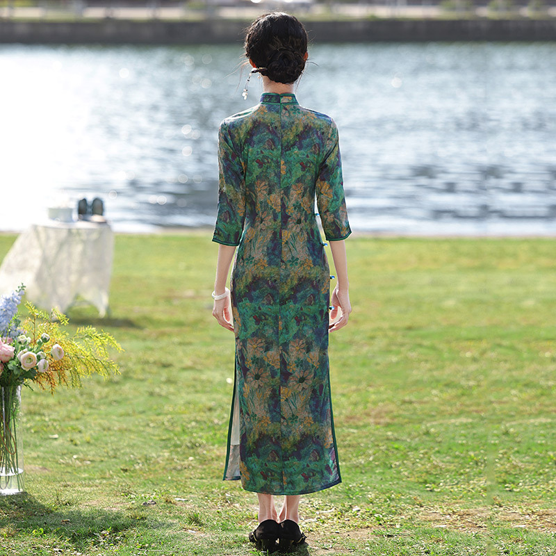 春秋装双层八扣老上海长款改良旗袍2024新款年轻款女复古长袖走秀 - 图2