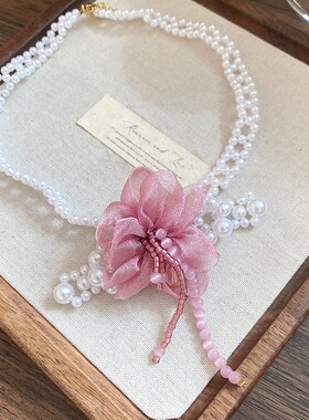 2026新款珍珠串珠猫眼石雪纺花项链高级感choker锁骨链手串套装