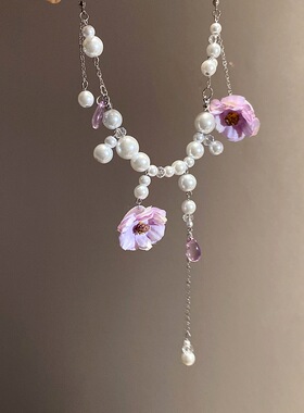 度假风珍珠花朵吊坠项链时尚优雅清新甜美锁骨链小众高级感项饰女