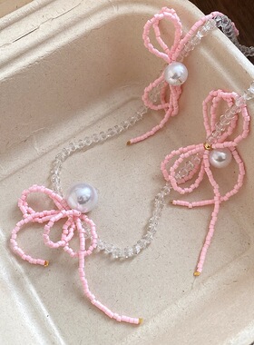 珍珠串珠米珠蝴蝶结吊坠项链法式甜美优雅气质锁骨链时尚百搭颈链