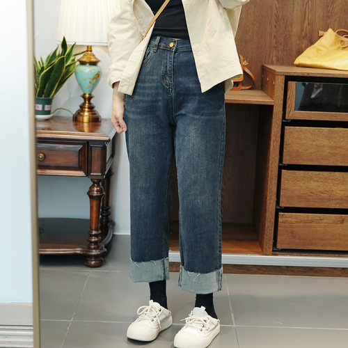 100-200斤翻边牛仔裤大码 胖mm秋季松紧高腰显瘦高弹力直筒烟管裤 - 图0