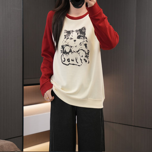 秋季大码女装撞色插肩袖圆领卫衣 200斤胖mm时尚拼色卡通萌猫上衣 - 图0