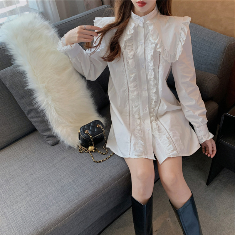 小香风连衣裙重工蕾丝花边木耳娃娃领中长款衬衫赫本风裙高端洋气 - 图0