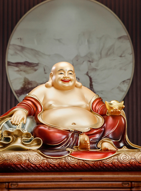 台湾纯铜彩绘宽体弥勒佛菩萨家用供奉大肚笑佛像客厅店铺招财摆件