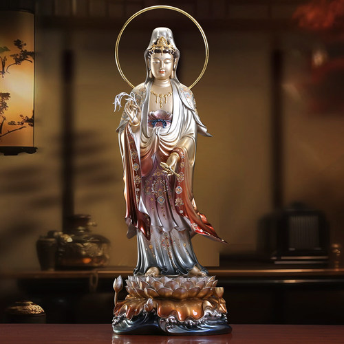 西方三圣纯铜佛像掐丝珐琅观音佛像供奉家用阿弥陀佛站像客厅摆件 - 图2
