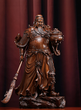 紫铜提刀武财神关公神像招财摆件