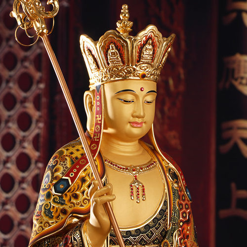 台湾铜雕彩绘地藏王菩萨佛像件家用供奉地藏菩萨娑婆三圣客厅摆件 - 图0