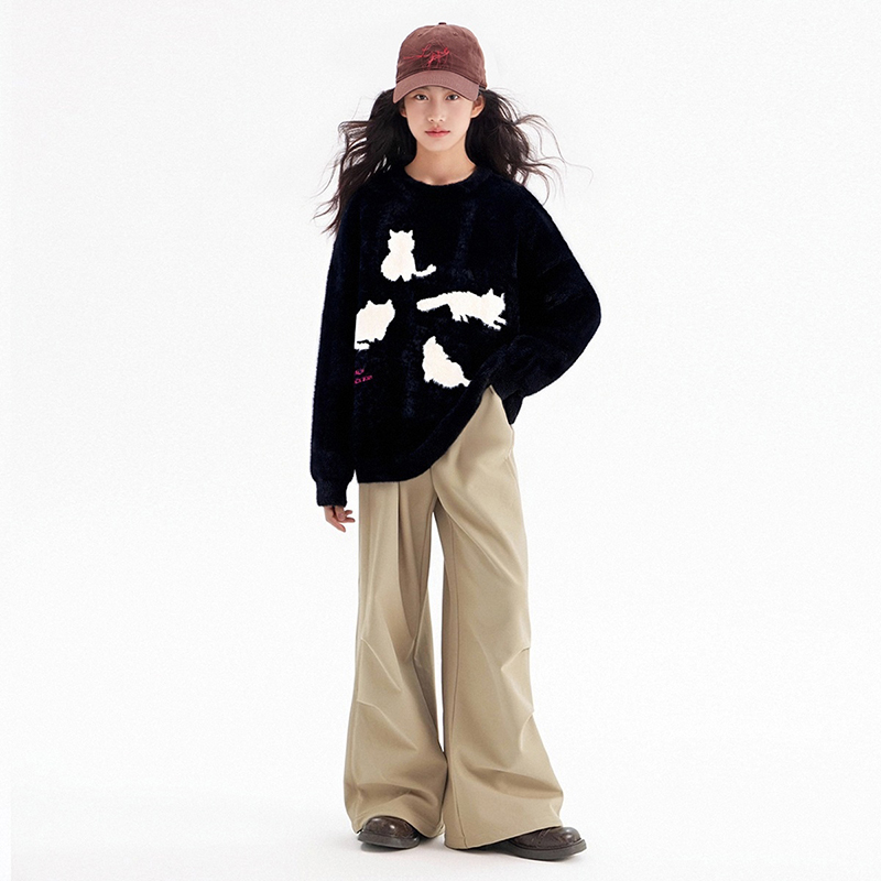 MSYJ 猫咪剪影毛衣女童秋冬宽松休闲圆领加厚软糯针织上衣 - 图0