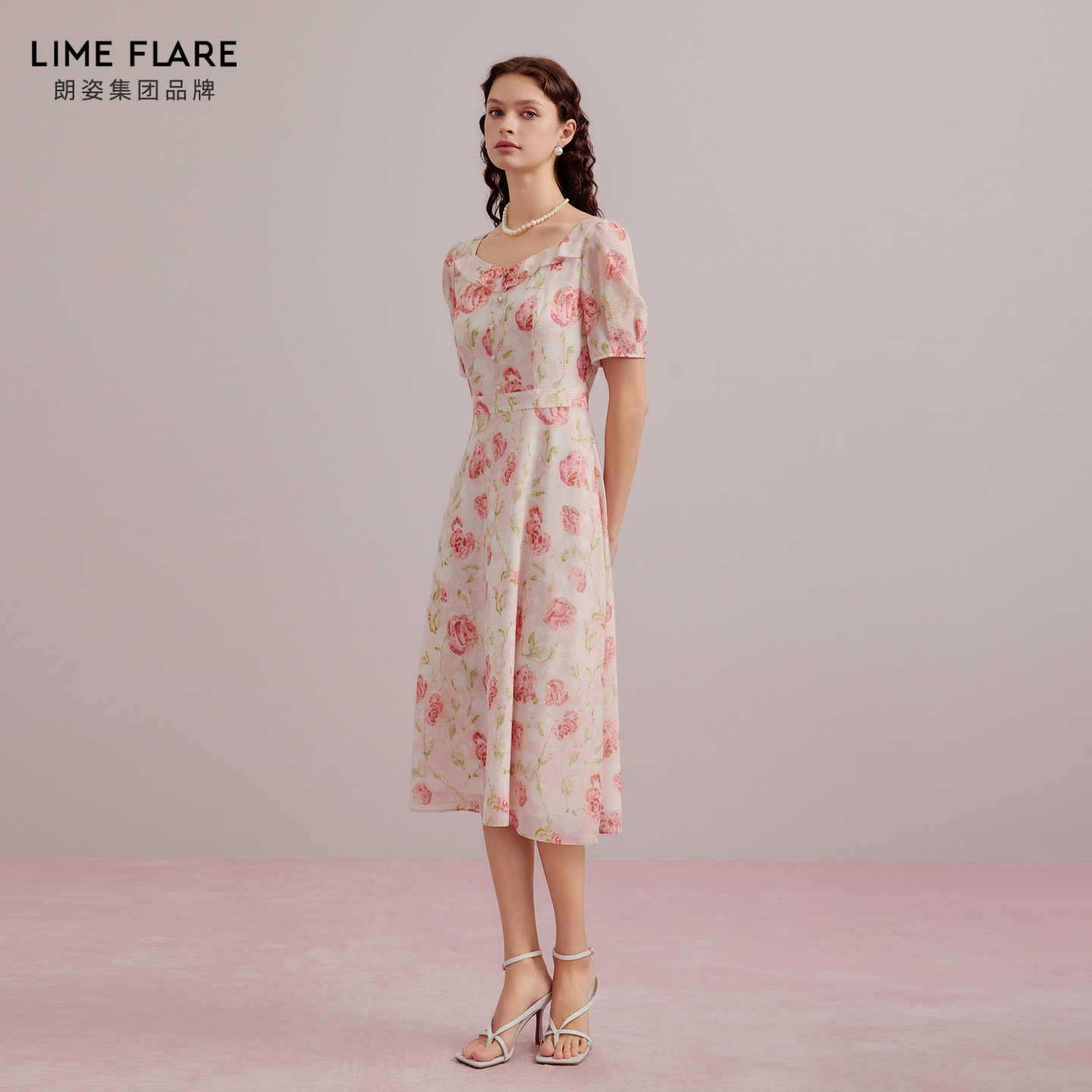 莱茵福莱尔limeflAre连衣裙度假粉色碎花裙女装气质v领A字连身裙 - 图1