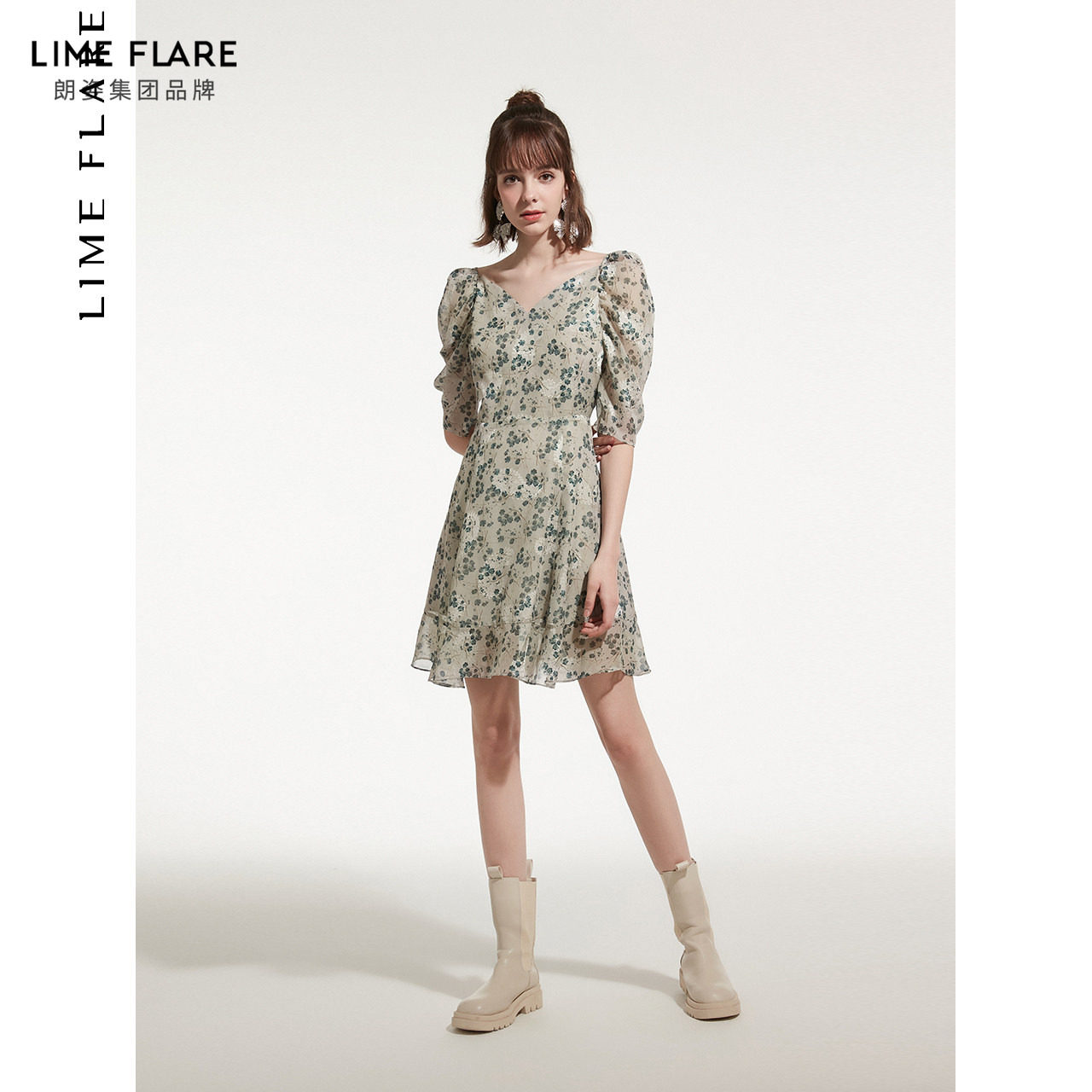 莱茵福莱尔收腰中袖连衣裙垂感提花雪纺裙初秋v领碎花裙,淘宝优惠券,粉丝福利购,淘宝优惠卷