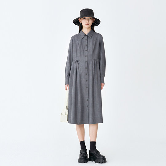 【永恒系列】AUM噢姆冬季优雅通勤收腰衬衫裙压褶连衣裙休闲长裙