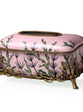 美式珊瑚粉纸巾盒手工陶瓷镶铜