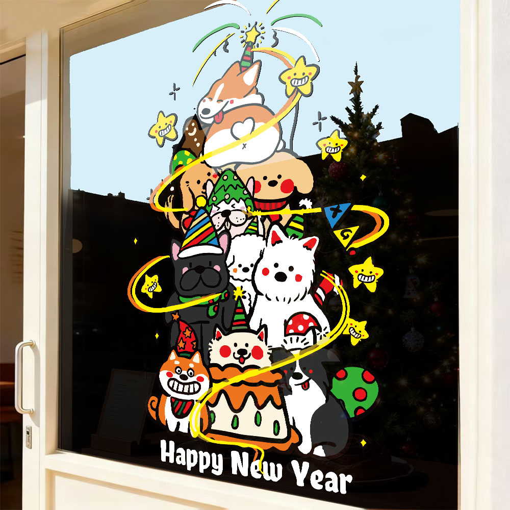 2026新年圣诞节卡通小狗橱窗玻璃装饰布置贴纸UV静电窗花窗贴门贴 - 图3