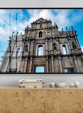 澳门大三巴牌坊风景装饰画电商传媒公司会客室直播间背景墙晶瓷画