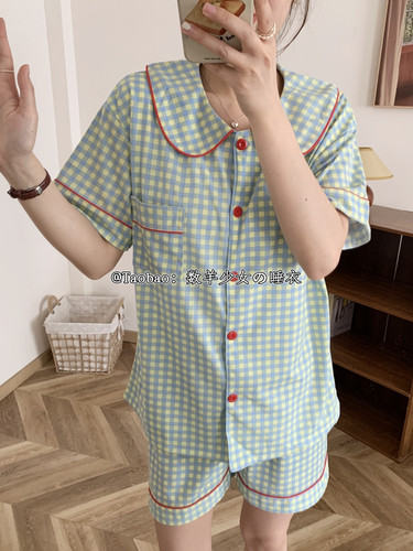 甜美ins格子纯棉睡衣女夏季带胸垫薄款学生宽松可外穿家居服套装 - 图1