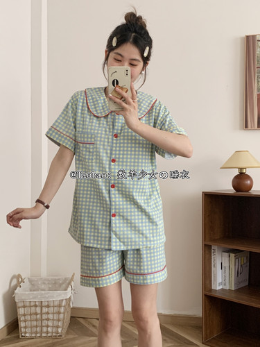 甜美ins格子纯棉睡衣女夏季带胸垫薄款学生宽松可外穿家居服套装 - 图3