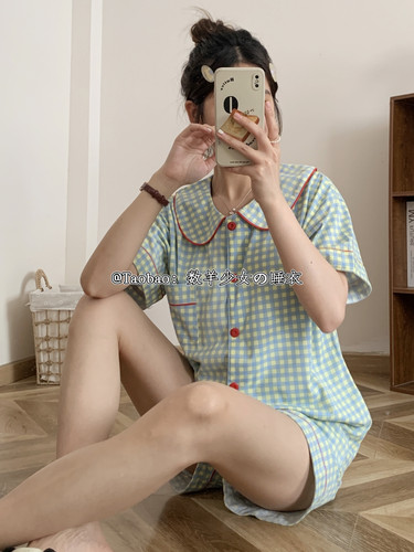 甜美ins格子纯棉睡衣女夏季带胸垫薄款学生宽松可外穿家居服套装 - 图2