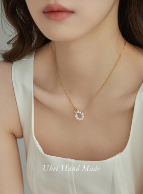 钛钢18K金双环法式淡水珍珠项链