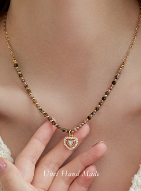 法式浪漫天然石小金珠爱心项链