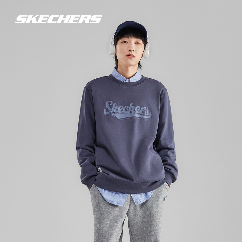 Skechers斯凯奇男女同款复古印花休闲运动卫衣套头百搭情侣上衣