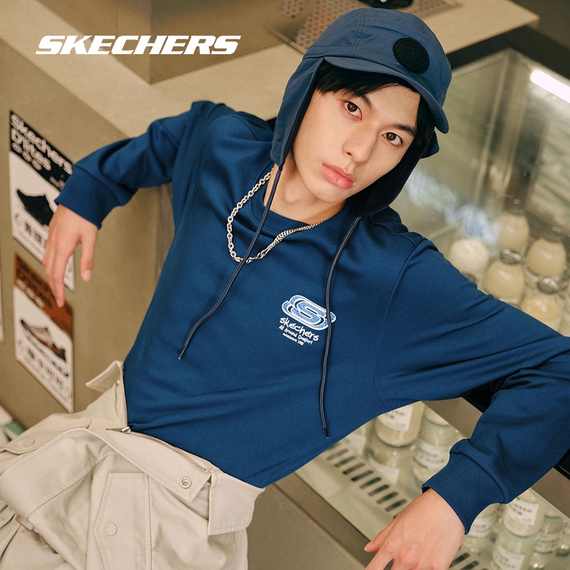 Skechers斯凯奇卫衣女加绒白色圆领情侣装套头宽松百搭男士上衣