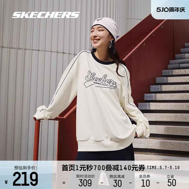 Skechers斯凯奇卫衣男女同款休闲运动美式长袖落肩情侣装宽松卫衣-图0