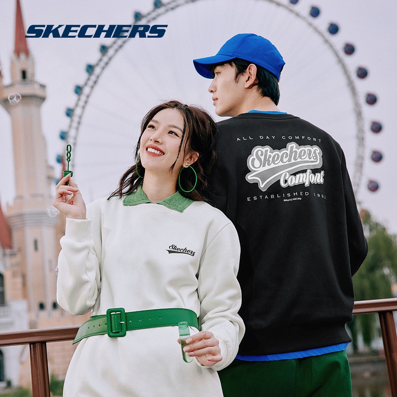 Skechers斯凯奇情侣圆领加绒保暖舒适卫衣男女款复古百搭个性上衣