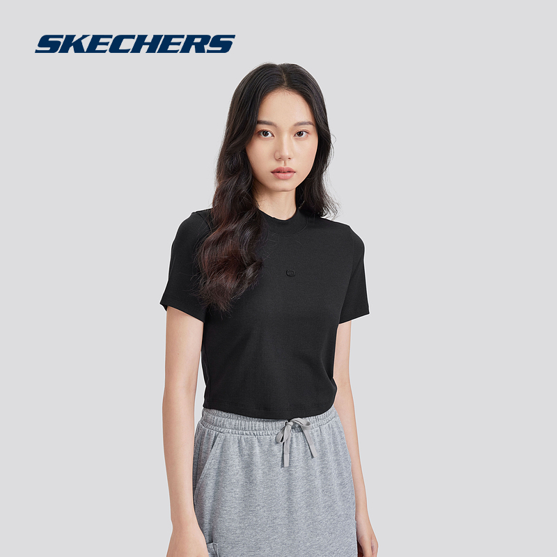 Skechers斯凯奇2024年夏季新款女款短袖T恤衫圆领碳黑色舒适修身 - 图1