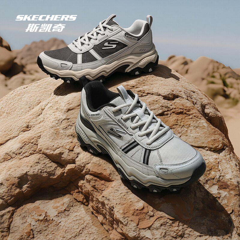 斯凯奇男子休闲运动鞋2026春季新款户外黑灰色登山耐磨抓地徒步鞋