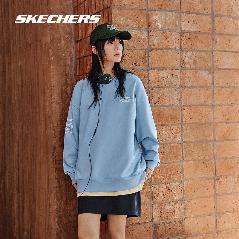 Skechers斯凯奇春卫衣女加绒白色圆领情侣装套头宽松百搭男上衣
