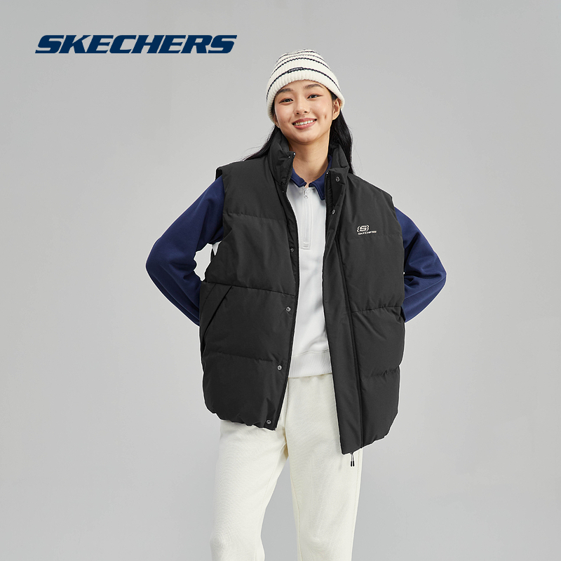 Skechers斯凯奇羽绒马甲款黑色百搭男女同款防泼水立领舒适背心