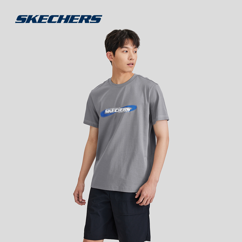 Skechers斯凯奇T恤男高克重全棉2024年夏季灰色圆领运动休闲男装