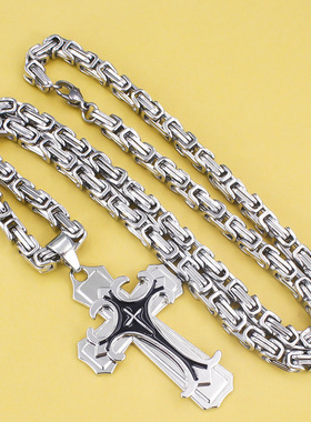 欧美双层腐蚀抹油十字架吊坠项链不锈钢钛钢男士饰品
