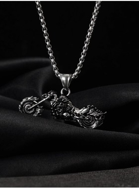 欧美潮人骷髅头火焰摩托车嘻哈朋克灵魂战车男士钛钢项链