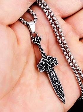 个性欧美吊坠不锈钢复古霸气双狼长剑项链男士外贸饰品