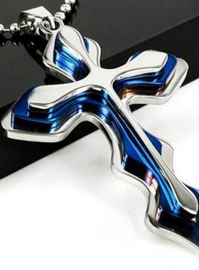 蓝色男士钛钢项链十字架吊坠