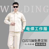 Spring-autumn thickened electric welding long sleeve working clothes suit Male steel plant Overalls white canvas fireproof flower hot pure cotton Lauprotect