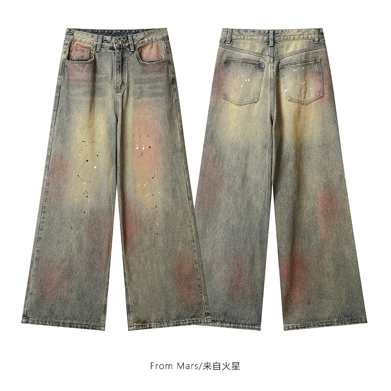 From Mars 重新鉴定 美式复古做旧阔腿慵懒男女宽松百搭牛仔长裤 - 图1