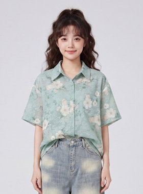 清新淡雅碎花风短袖衬衫男女
