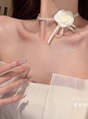 山茶花珍珠choker项圈女锁骨链